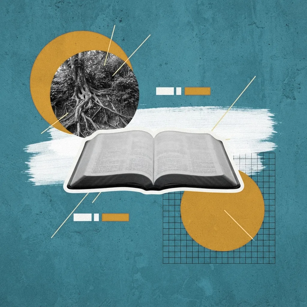 Collage: Biblia abierta sobre fondo azul con raíces de árbol en blanco y negro dentro de un círculo mostaza