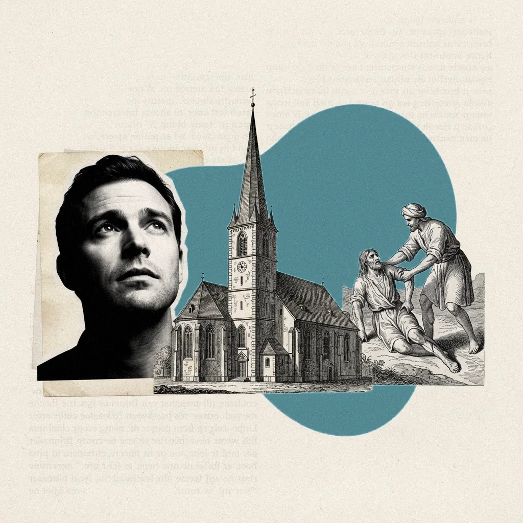 Collage: rostro en blanco y negro, iglesia gótica y grabado antiguo del buen samaritano sobre forma azul