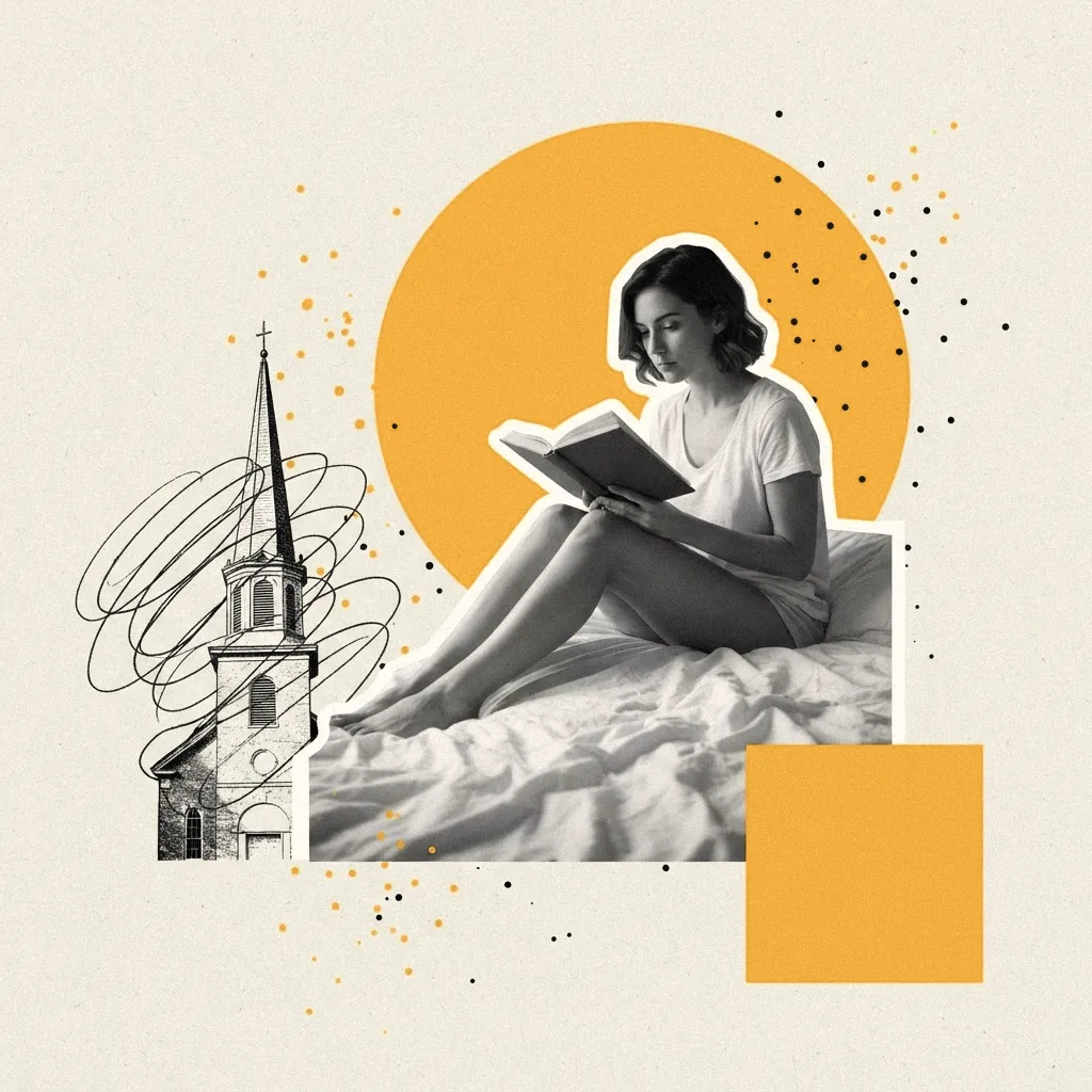Collage: joven leyendo un libro sobre un círculo mostaza, con un campanario dibujado