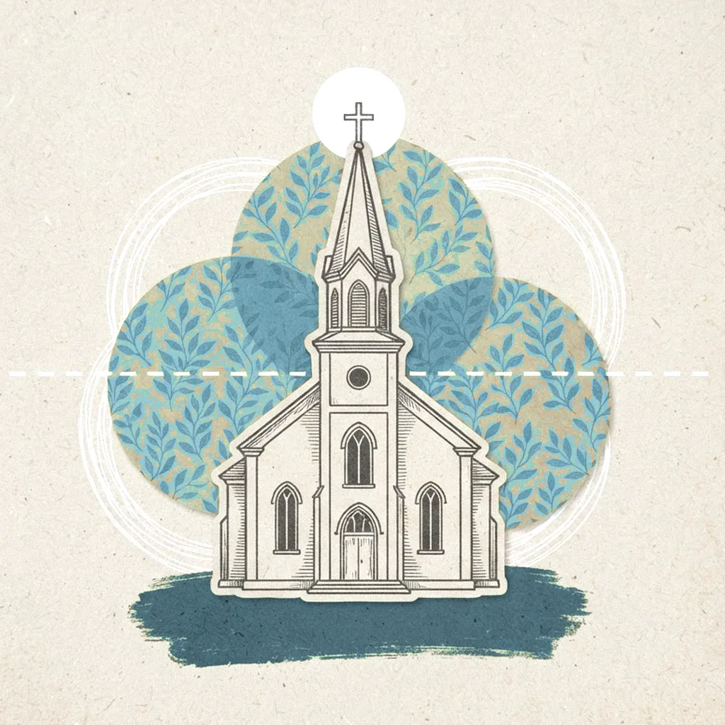 Collage: ilustración de iglesia entre círculos con patrón de hojas